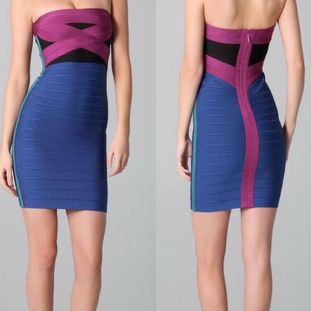 Herve Leger Strapless Colorblock Mini Dress